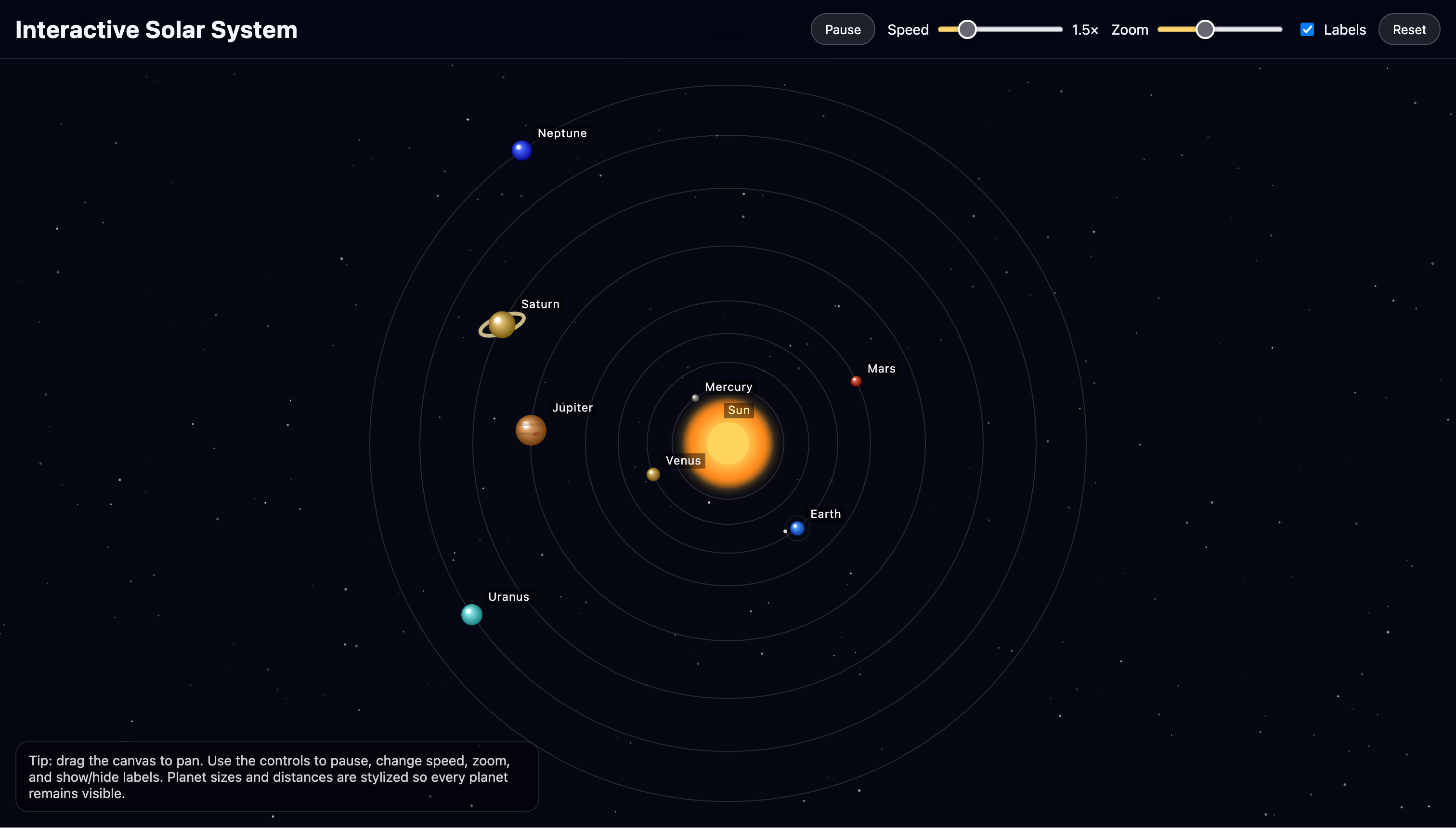 Interactive canvas solar system app built by the agent